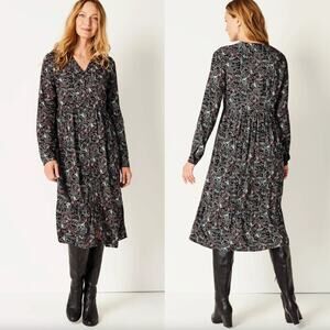 J Jill Womens Button Front Maxi Dress Plus Size 2X Black Paisley Floral Print